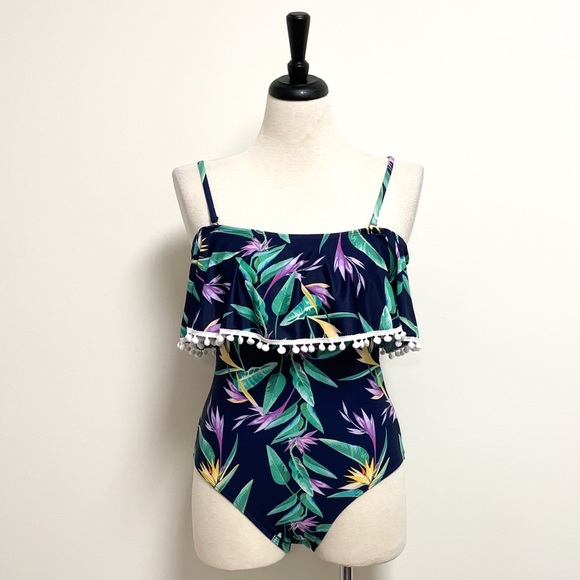 Shein Tropical Floral Flounce Navy One Piece Bathing Suit NWOT Medium Pom Poms - Picture 3 of 12
